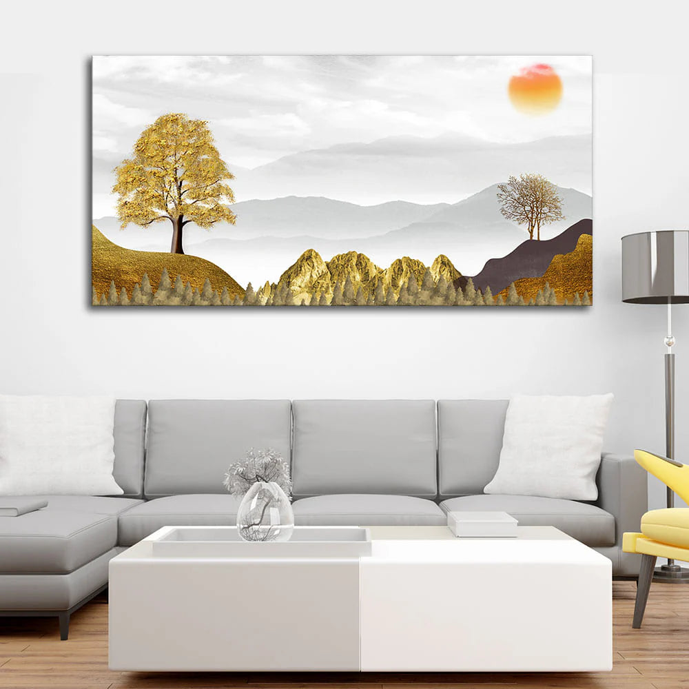 Golden Trees with Beautiful Sunrise Premium Canvas Wall Painting DECORMANTRA