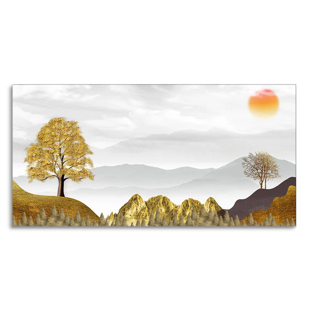 Golden Trees with Beautiful Sunrise Premium Canvas Wall Painting DECORMANTRA