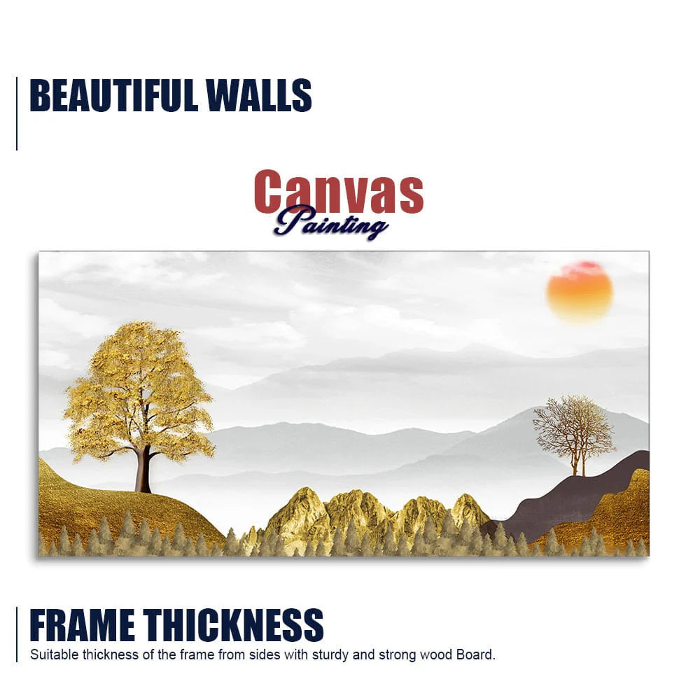 Golden Trees with Beautiful Sunrise Premium Canvas Wall Painting DECORMANTRA