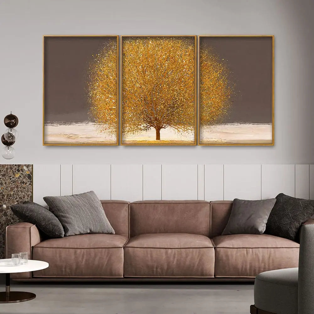 Golden Tree with Elements of gold textures Floating Canvas Wall Painting Set of Three DECORMANTRA