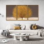 Golden Tree with Elements of gold textures Floating Canvas Wall Painting Set of Three DECORMANTRA