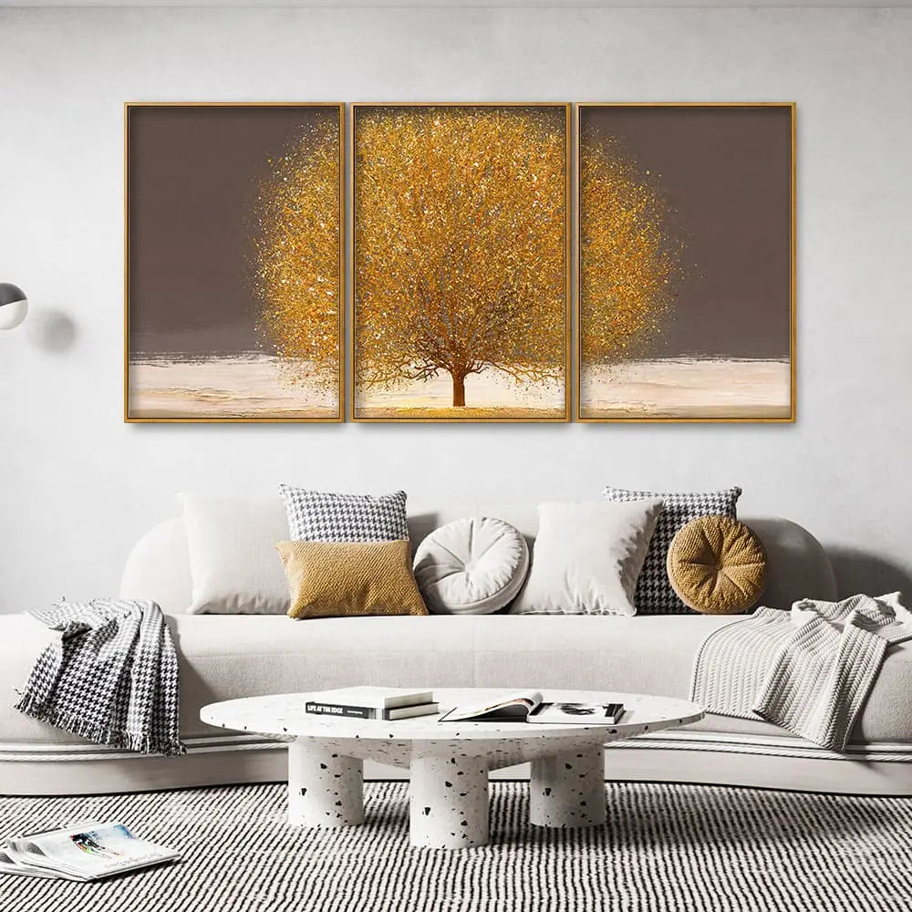 Golden Tree with Elements of gold textures Floating Canvas Wall Painting Set of Three DECORMANTRA
