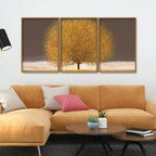 Golden Tree with Elements of gold textures Floating Canvas Wall Painting Set of Three DECORMANTRA