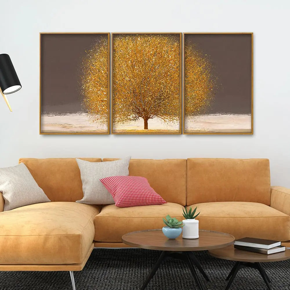 Golden Tree with Elements of gold textures Floating Canvas Wall Painting Set of Three DECORMANTRA