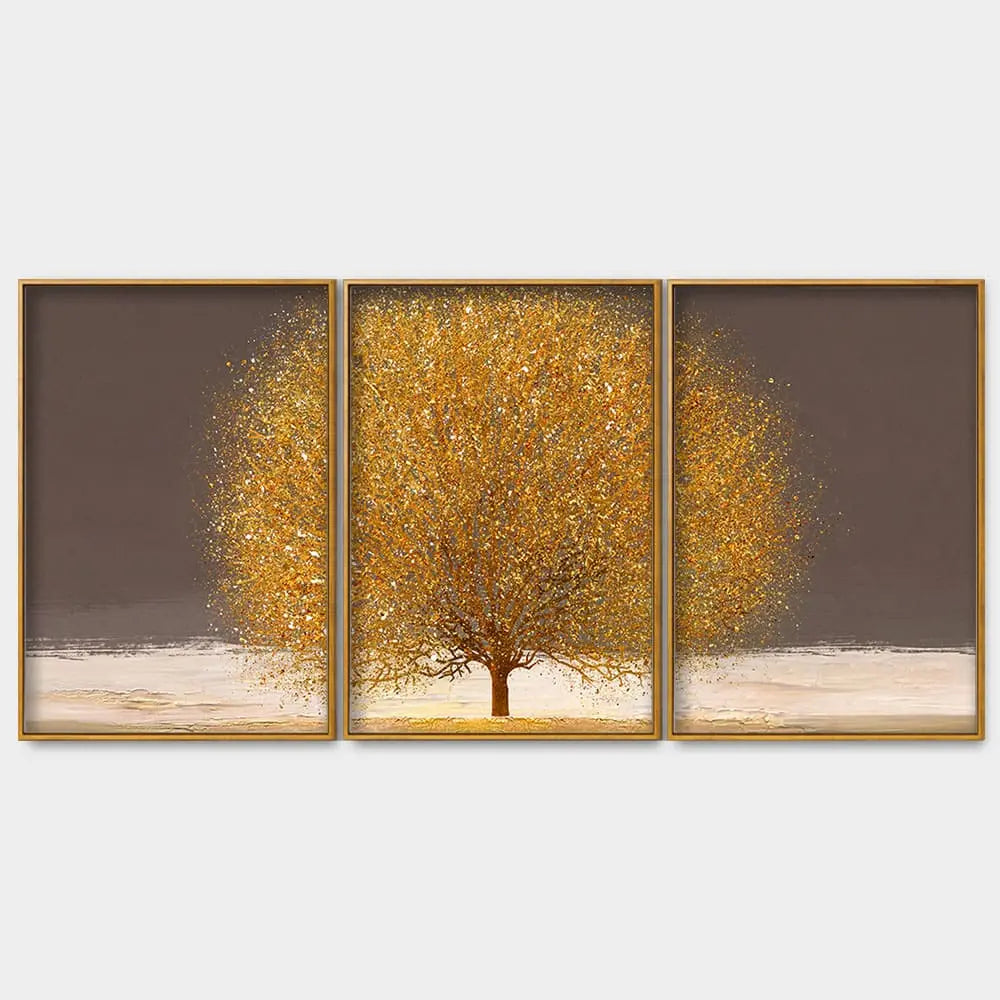 Golden Tree with Elements of gold textures Floating Canvas Wall Painting Set of Three DECORMANTRA