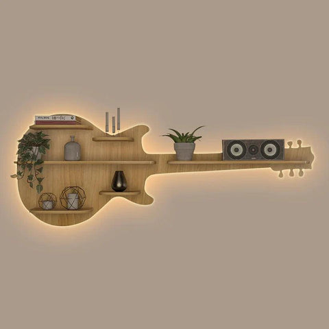 Guitar Backlit Designer Wooden Wall Shelf / Book Shelf / Night Light, Oak Finish - Decor Mantra 
