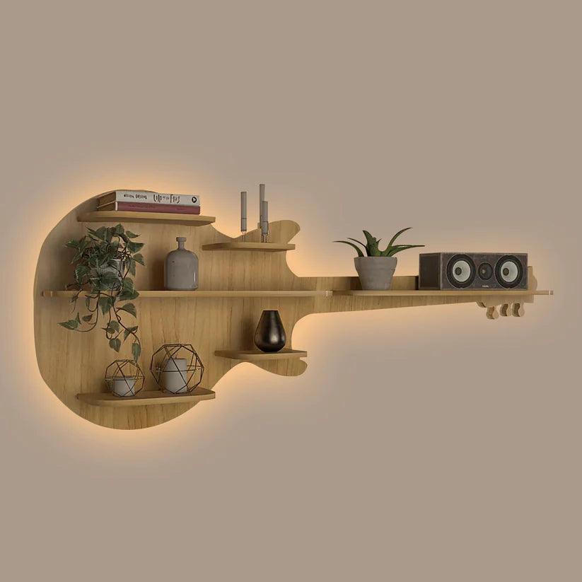 Guitar Backlit Designer Wooden Wall Shelf / Book Shelf / Night Light, Oak Finish - Decor Mantra 