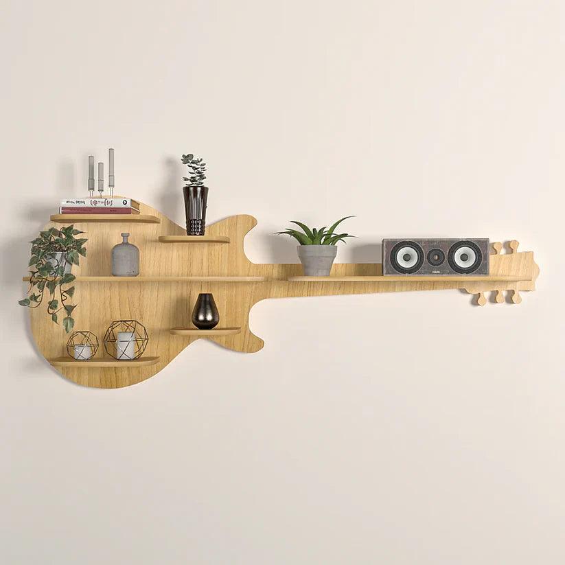 Guitar Backlit Designer Wooden Wall Shelf / Book Shelf / Night Light, Oak Finish - Decor Mantra 