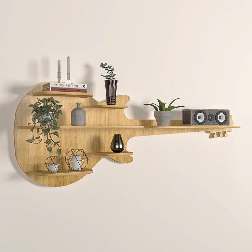 Guitar Backlit Designer Wooden Wall Shelf / Book Shelf / Night Light, Oak Finish - Decor Mantra 