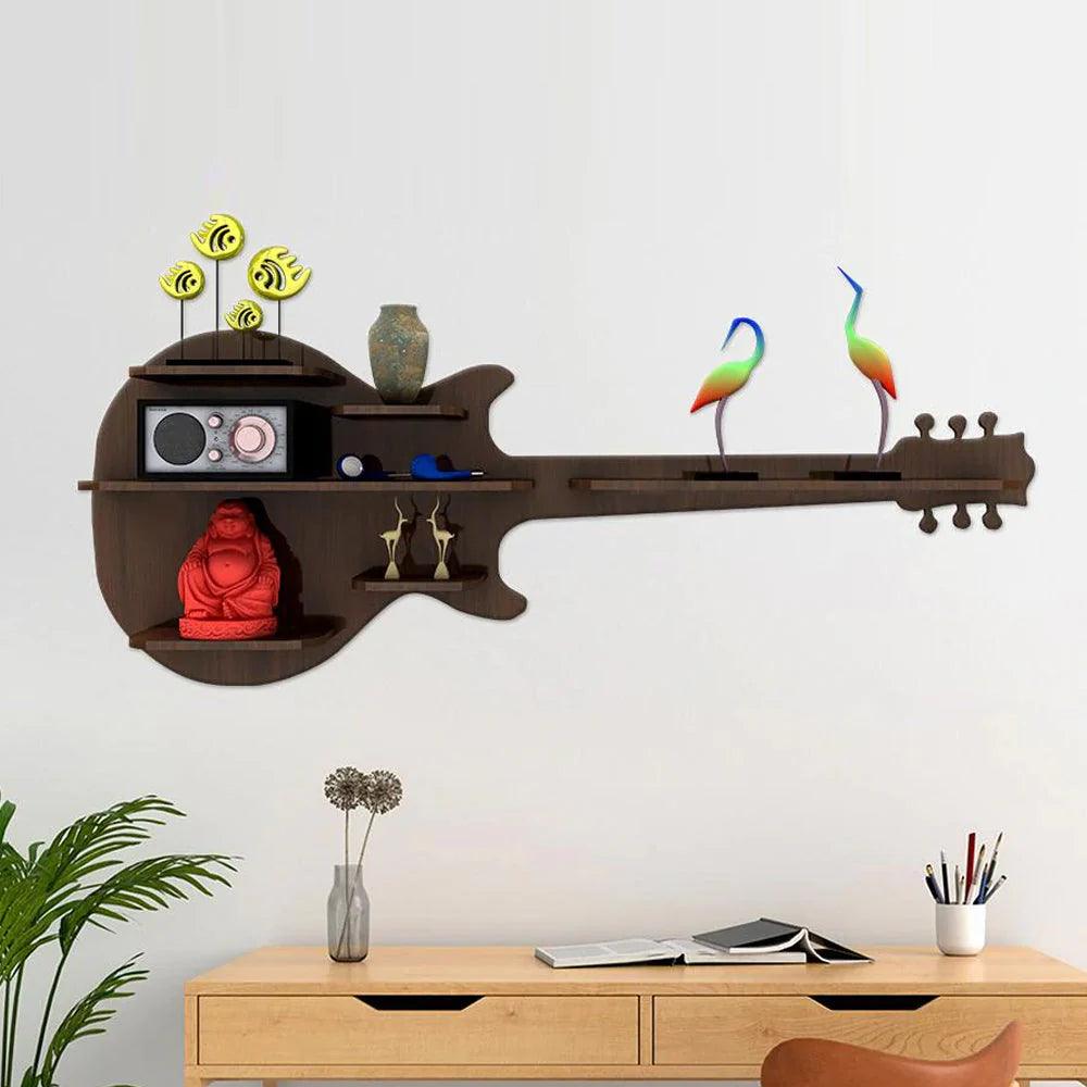 Guitar Backlit Designer Wooden Wall Shelf / Book Shelf / Night Light, Walnut Finish - Decor Mantra 