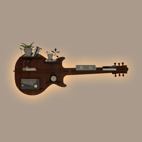 Guitar Backlit Designer Wooden Wall Shelf / Book Shelf / Night Light, Walnut Finish - Decor Mantra 