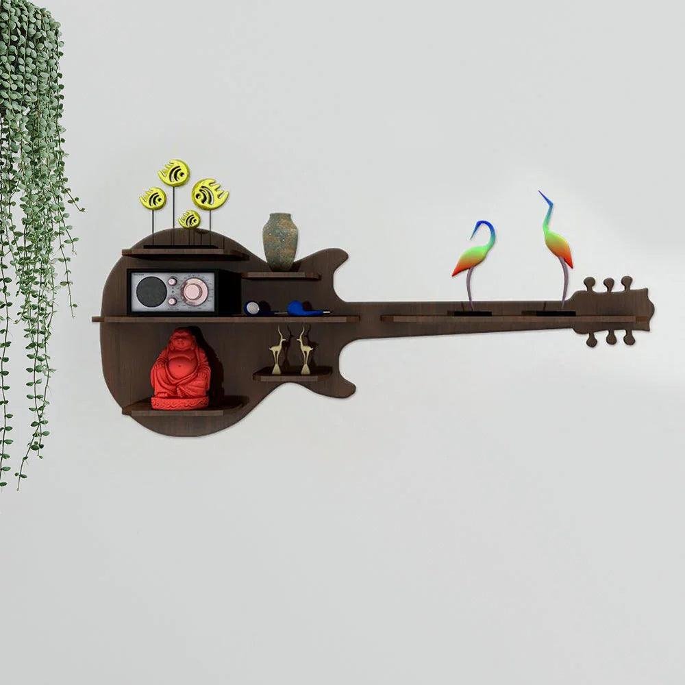 Guitar Backlit Designer Wooden Wall Shelf / Book Shelf / Night Light, Walnut Finish - Decor Mantra 