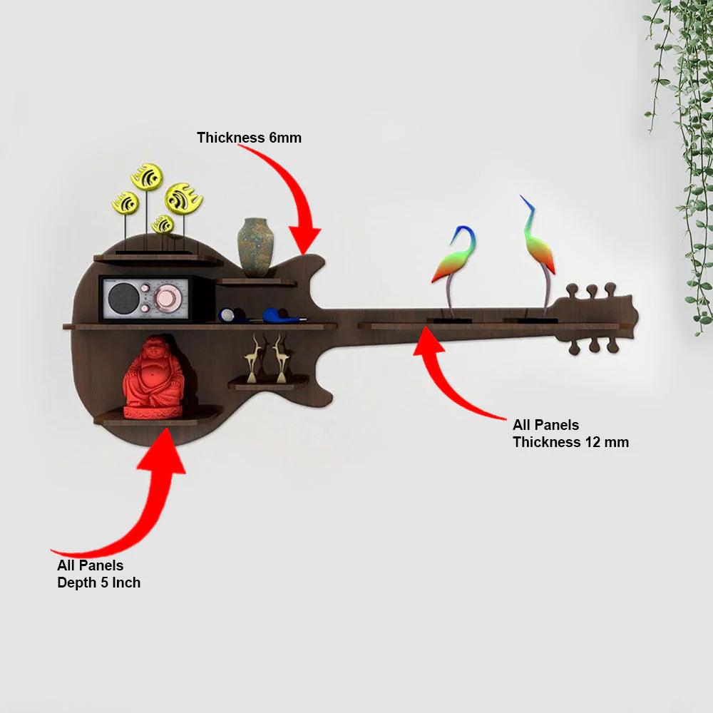 Guitar Backlit Designer Wooden Wall Shelf / Book Shelf / Night Light, Walnut Finish - Decor Mantra 