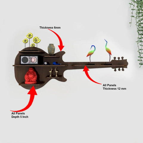 Guitar Backlit Designer Wooden Wall Shelf / Book Shelf / Night Light, Walnut Finish - Decor Mantra 