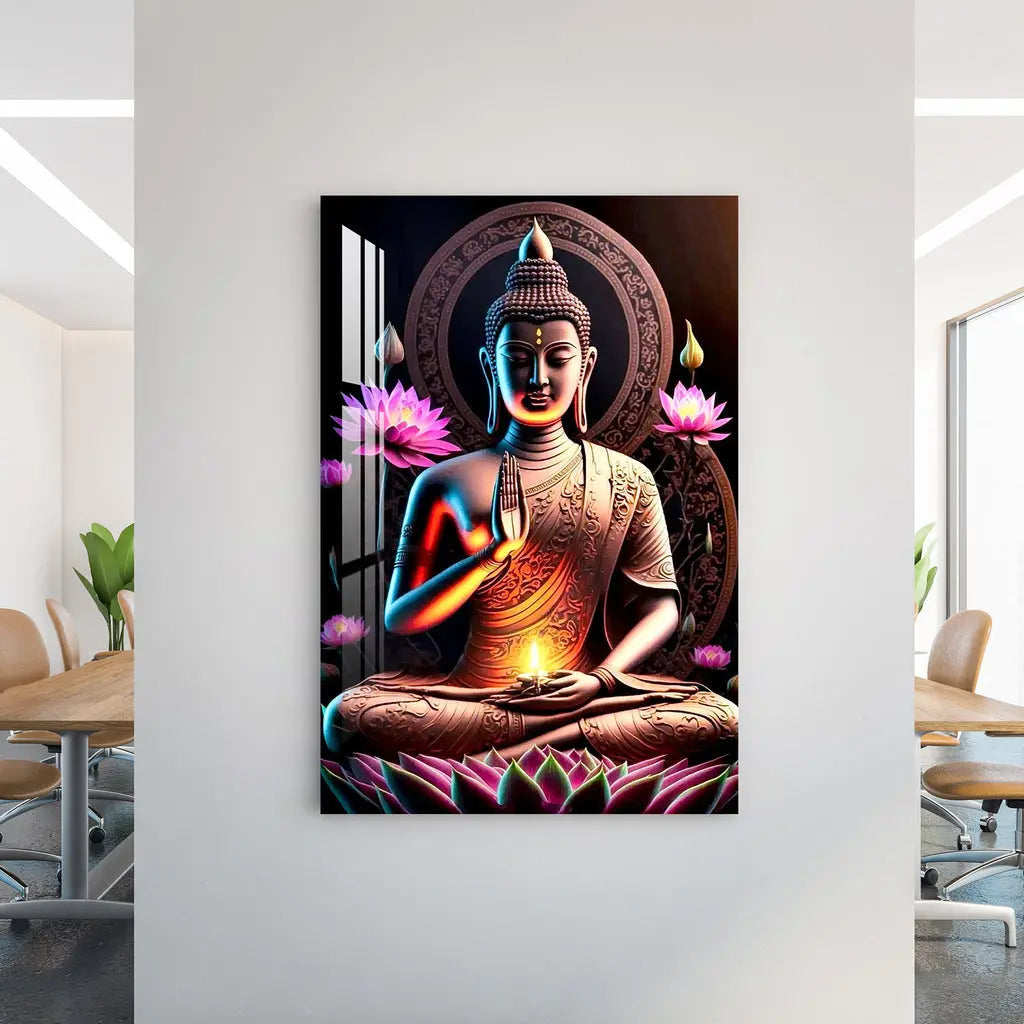 Buddha With Flowers Acrylic Wall Art DECORMANTRA