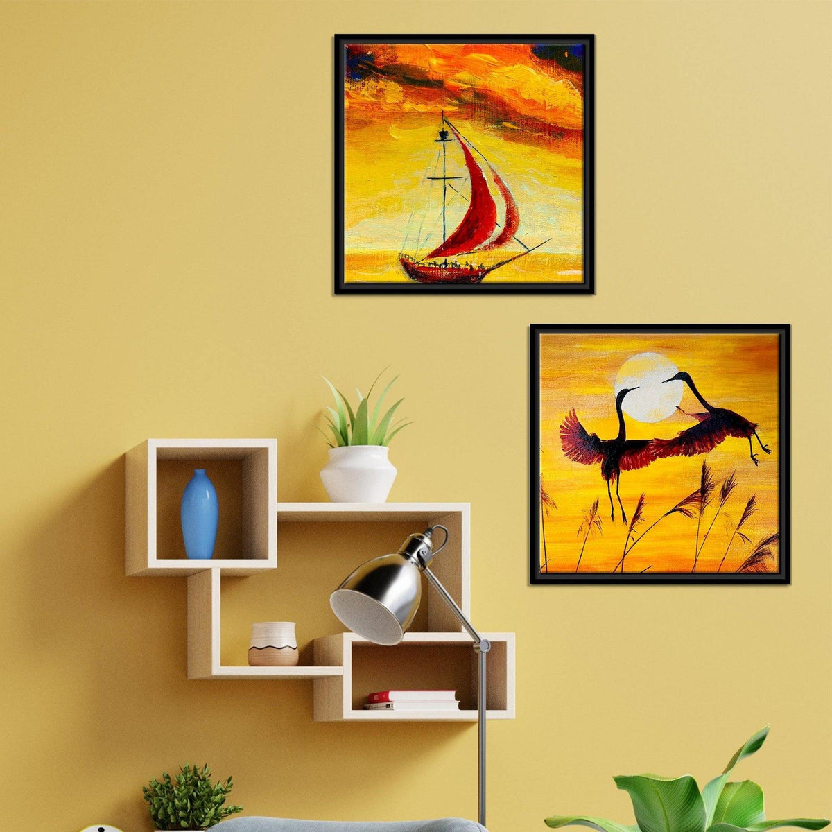 Boat & Cranes Sunset Wall Painting 2 Pieces Floating Frame - Decor Mantra 