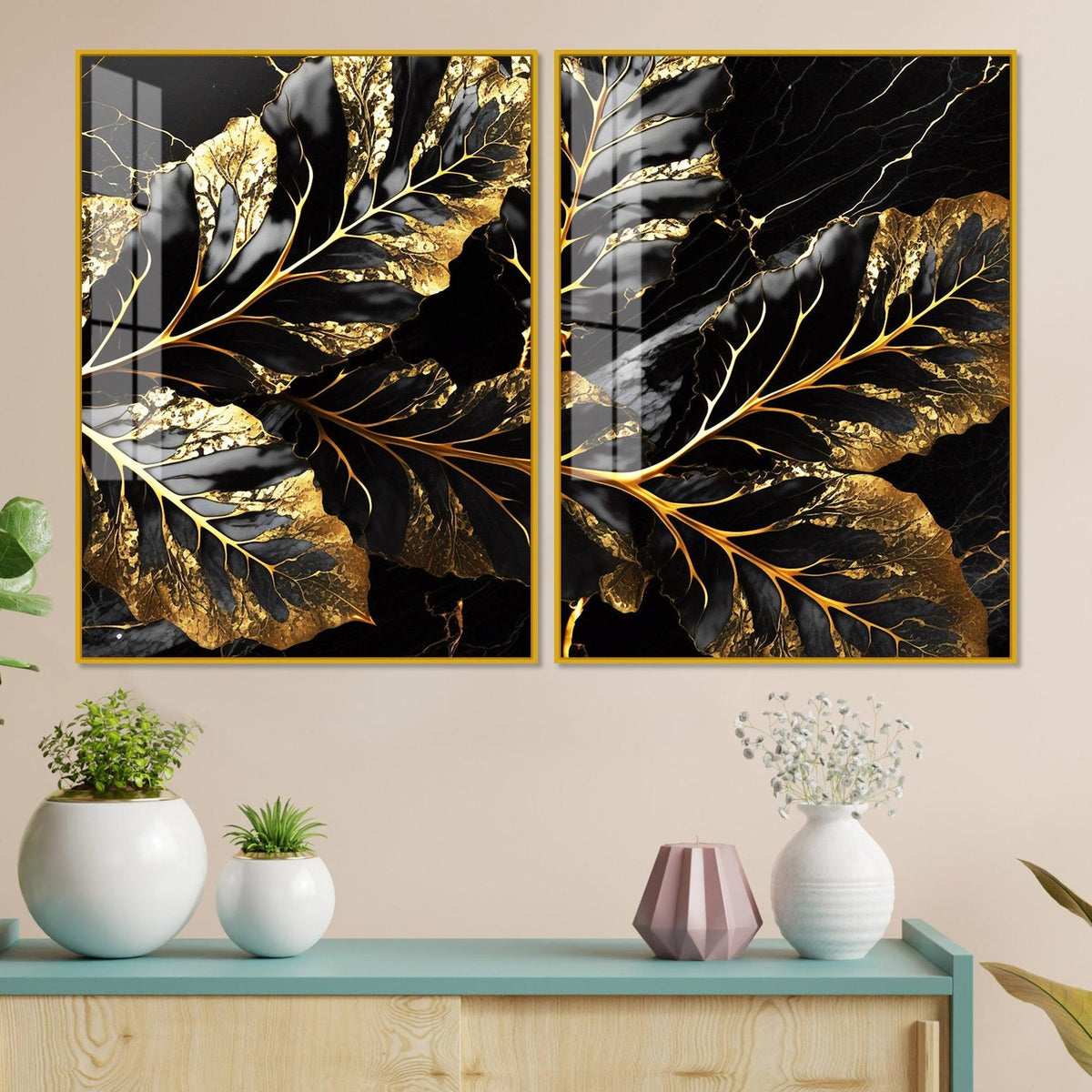 Beautiful Leaf Golden Textural Art Acrylic Floating Wall Painting Set Of 2 - Decor Mantra 