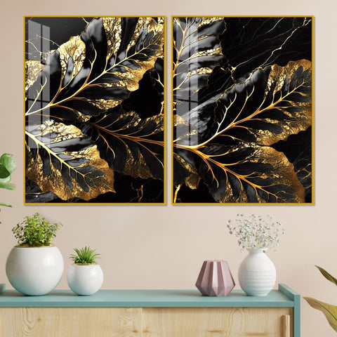 Beautiful Leaf Golden Textural Art Acrylic Floating Wall Painting Set Of 2 - Decor Mantra 