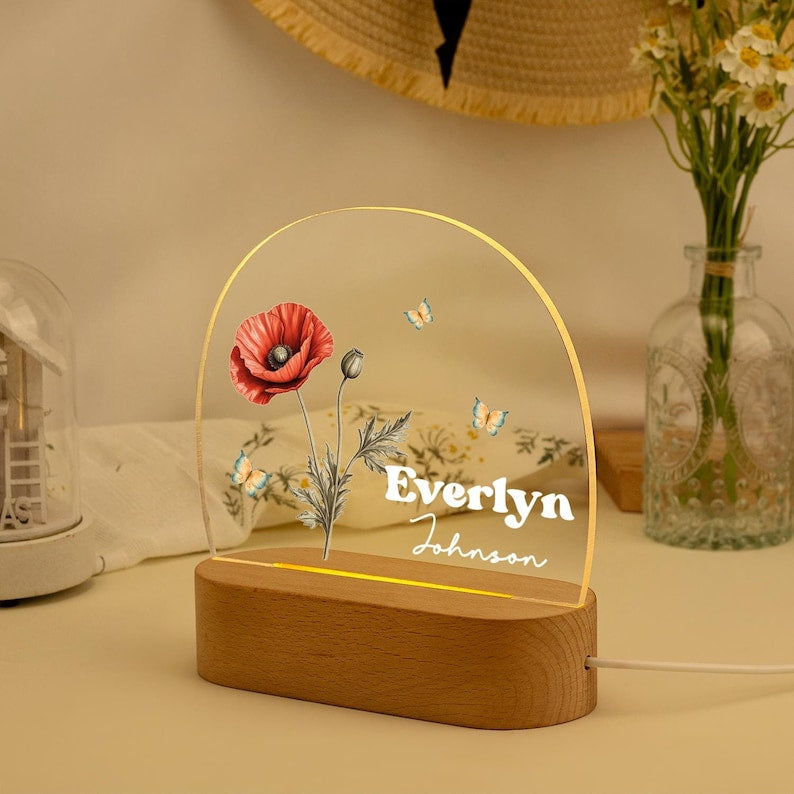 Personalized Night Light, Baby Birth Flower Night Light, Christmas Gift for Newborn, New Baby Bedside Nightlight, Nursery Decor, Birthday