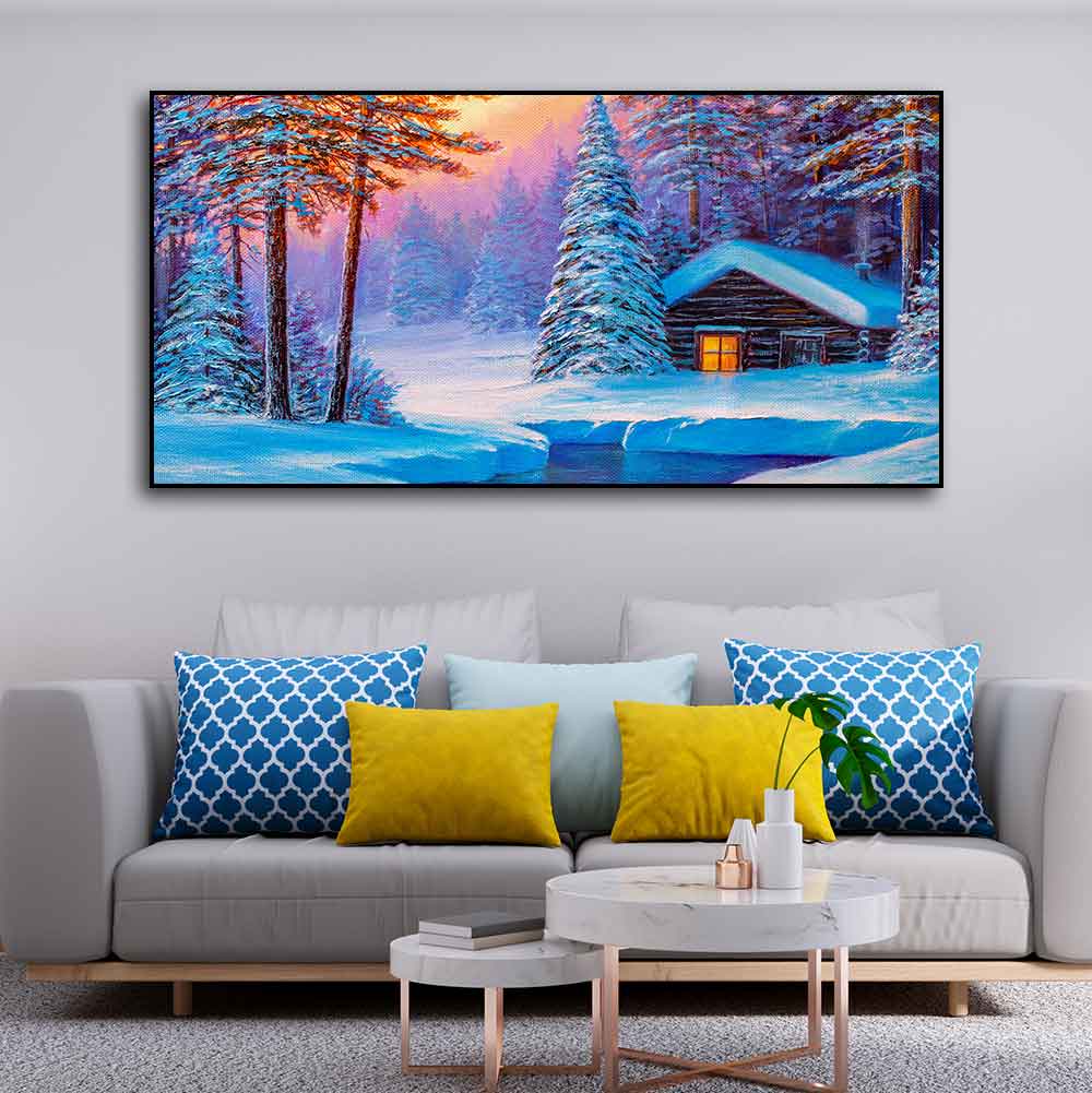 Old Hut in the Winter Forest Canvas Wall Painting Decor Mantra