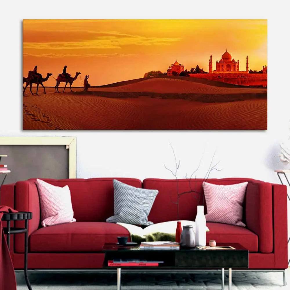 Camel Caravan Heading to Taj Mahal Canvas Wall Painting Decor Mantra