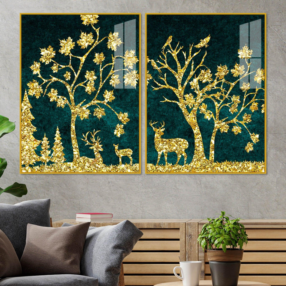 Beautiful Golden Trees with Deer Premium Acrylic Floating Wall Painting Set Of 2 - Decor Mantra 