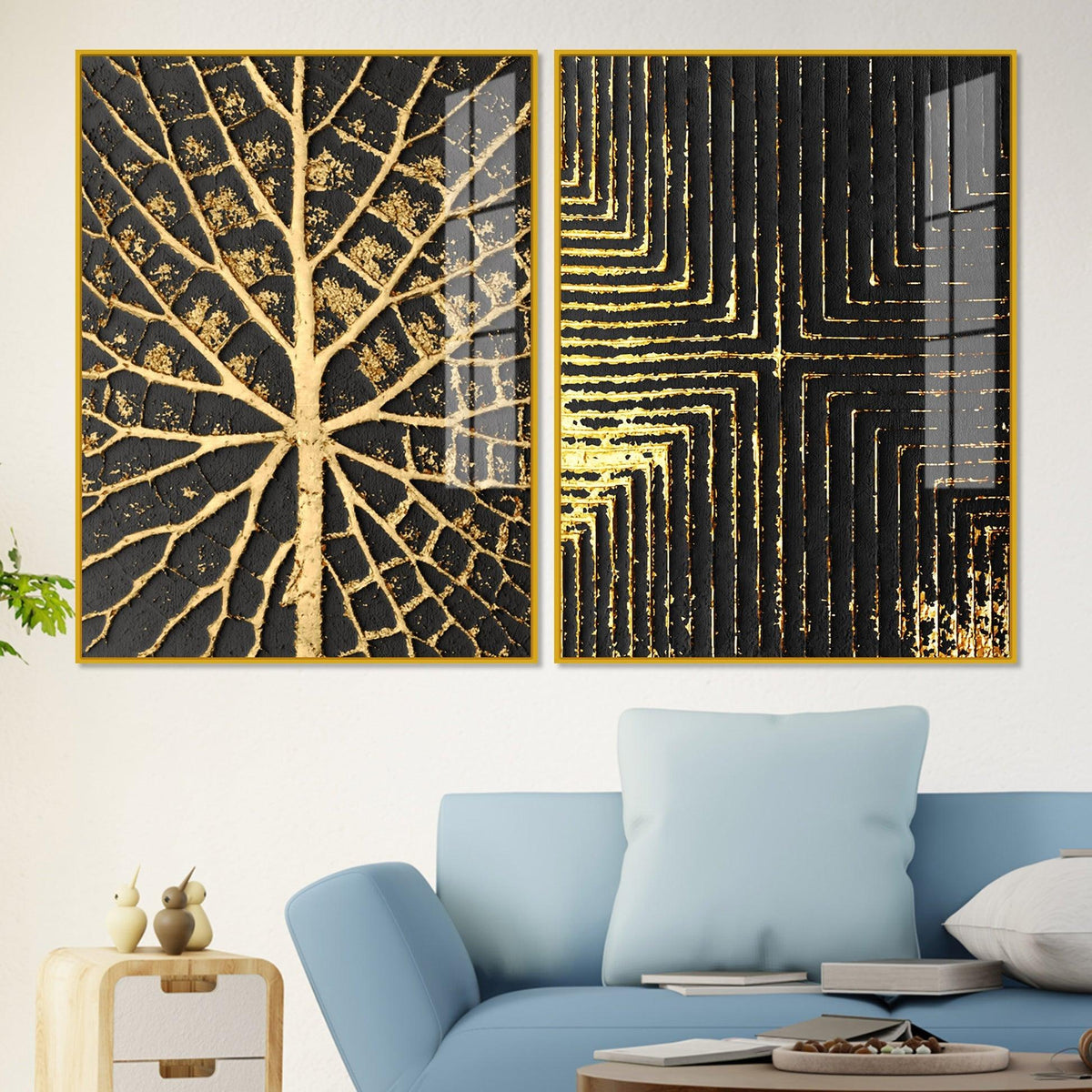 Geometric and Leaf Pattern Acrylic Floating Wall Painting Set of 2 - Decor Mantra 