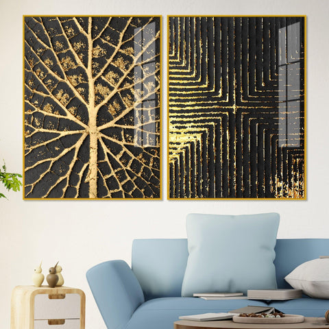 Geometric and Leaf Pattern Acrylic Floating Wall Painting Set of 2 - Decor Mantra 