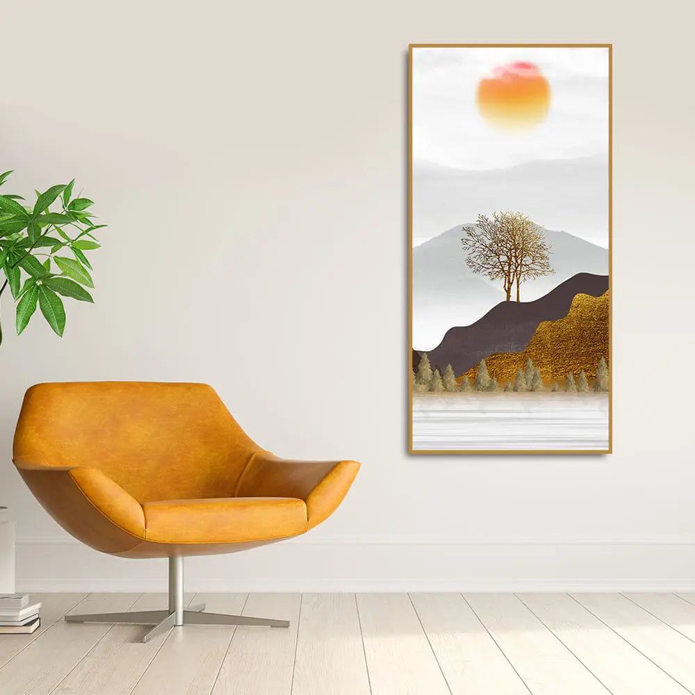 Golden Mountain with Beautiful Sunrise Premium Canvas Wall Painting Decor Mantra