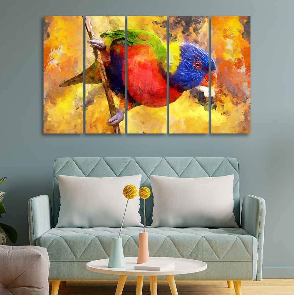 Colorful Parrot Abstract Art Canvas wall Painting of Five Pieces - Decor Mantra 