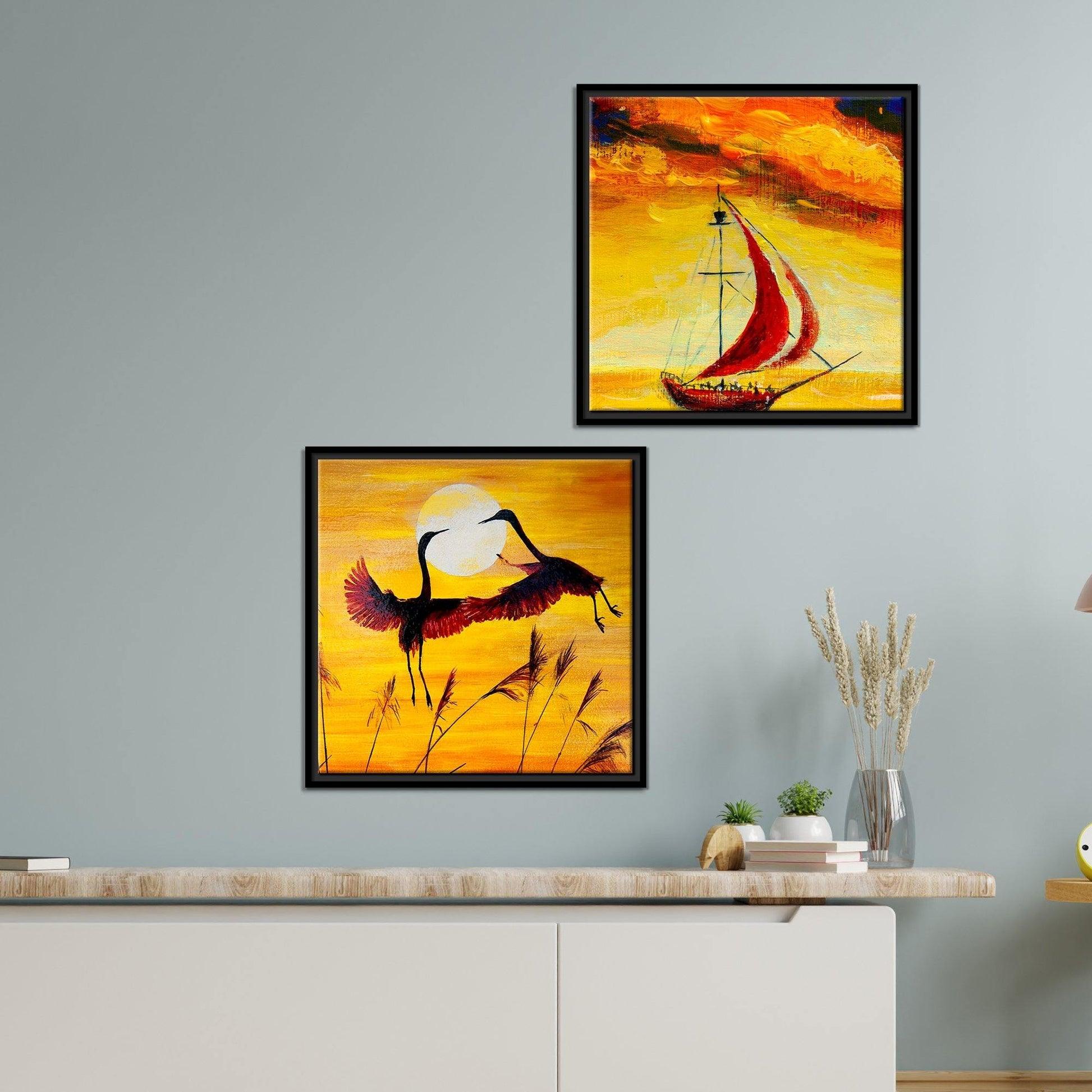 Boat & Cranes Sunset Wall Painting 2 Pieces Floating Frame - Decor Mantra 