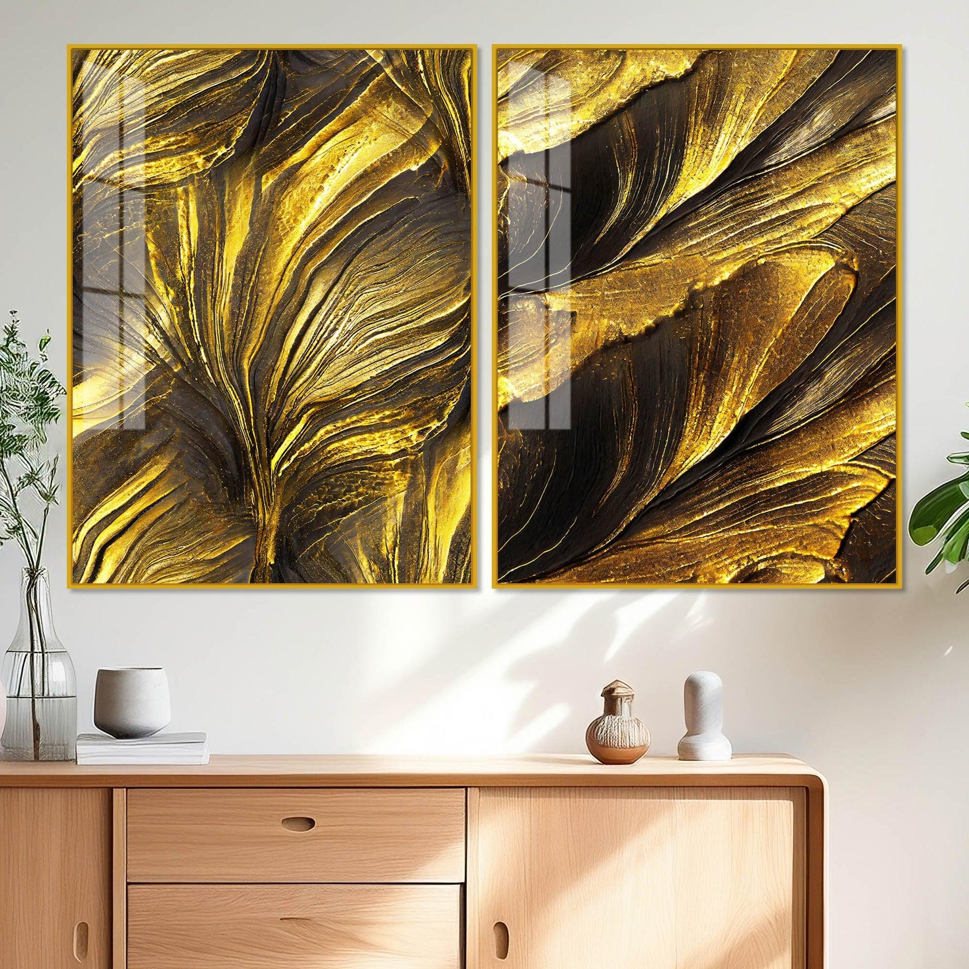 Golden Texture Acrylic Floating Wall Painting Set of 2 - Decor Mantra 