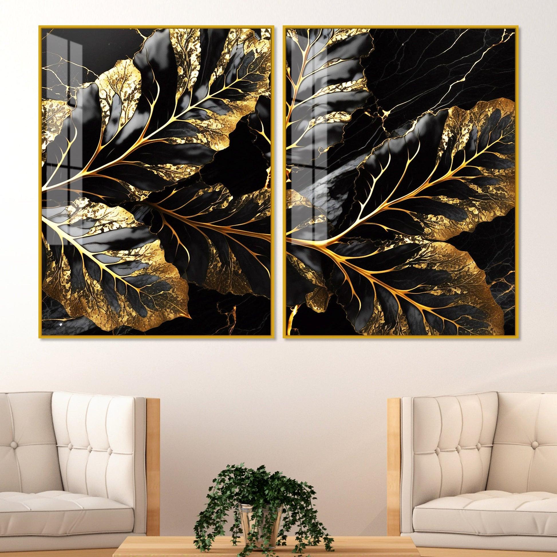 Beautiful Leaf Golden Textural Art Acrylic Floating Wall Painting Set Of 2 - Decor Mantra 