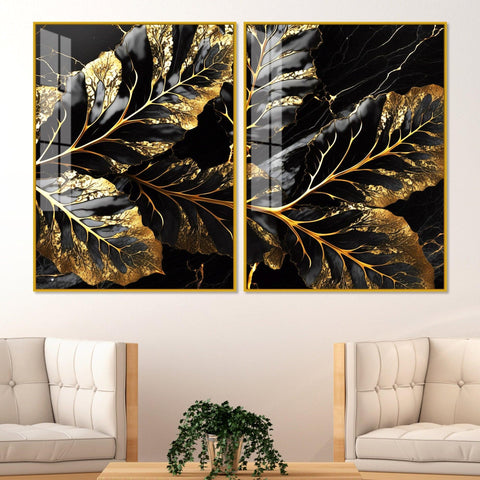 Beautiful Leaf Golden Textural Art Acrylic Floating Wall Painting Set Of 2 - Decor Mantra 