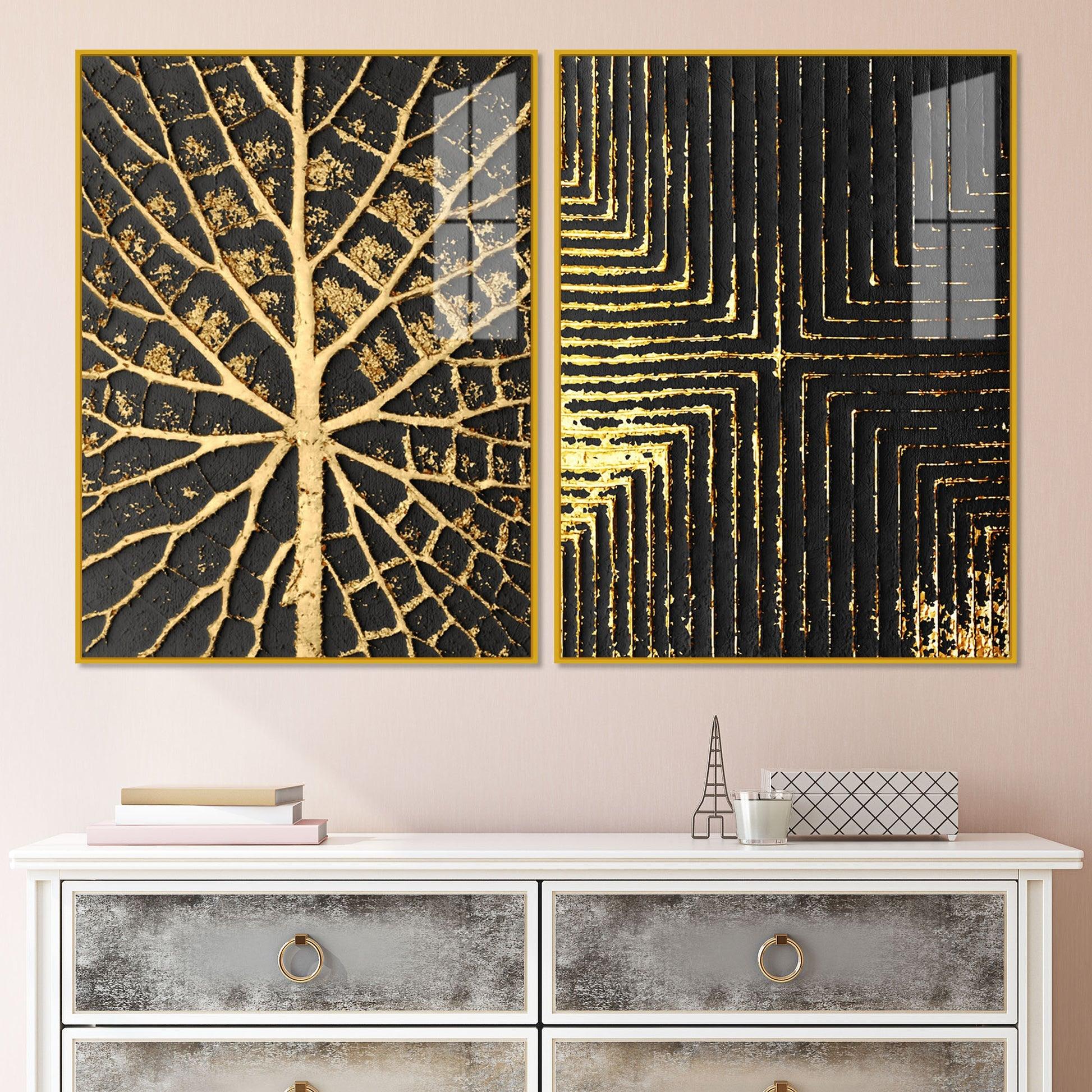 Geometric and Leaf Pattern Acrylic Floating Wall Painting Set of 2 - Decor Mantra 