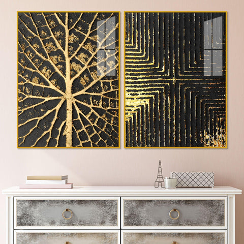 Geometric and Leaf Pattern Acrylic Floating Wall Painting Set of 2 - Decor Mantra 