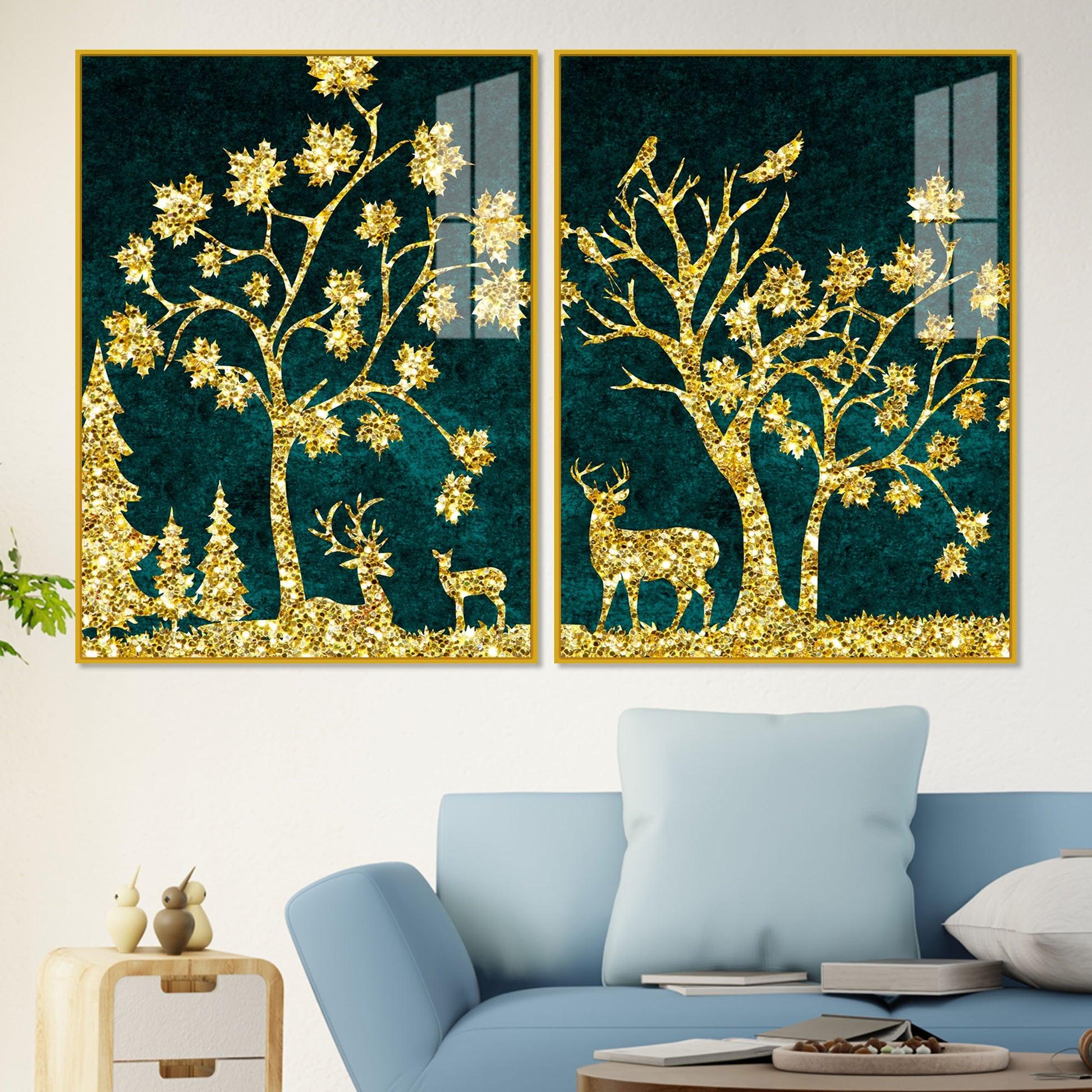 Beautiful Golden Trees with Deer Premium Acrylic Floating Wall Painting Set Of 2 - Decor Mantra 