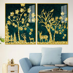 Beautiful Golden Trees with Deer Premium Acrylic Floating Wall Painting Set Of 2 - Decor Mantra 