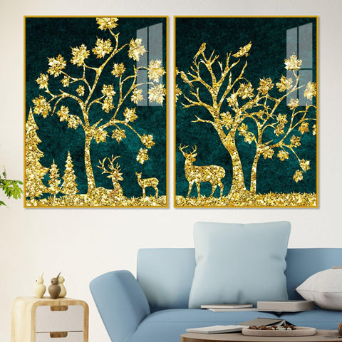 Beautiful Golden Trees with Deer Premium Acrylic Floating Wall Painting Set Of 2 - Decor Mantra 