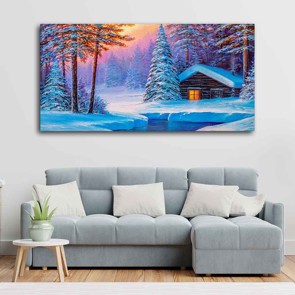 Old Hut in the Winter Forest Canvas Wall Painting Decor Mantra