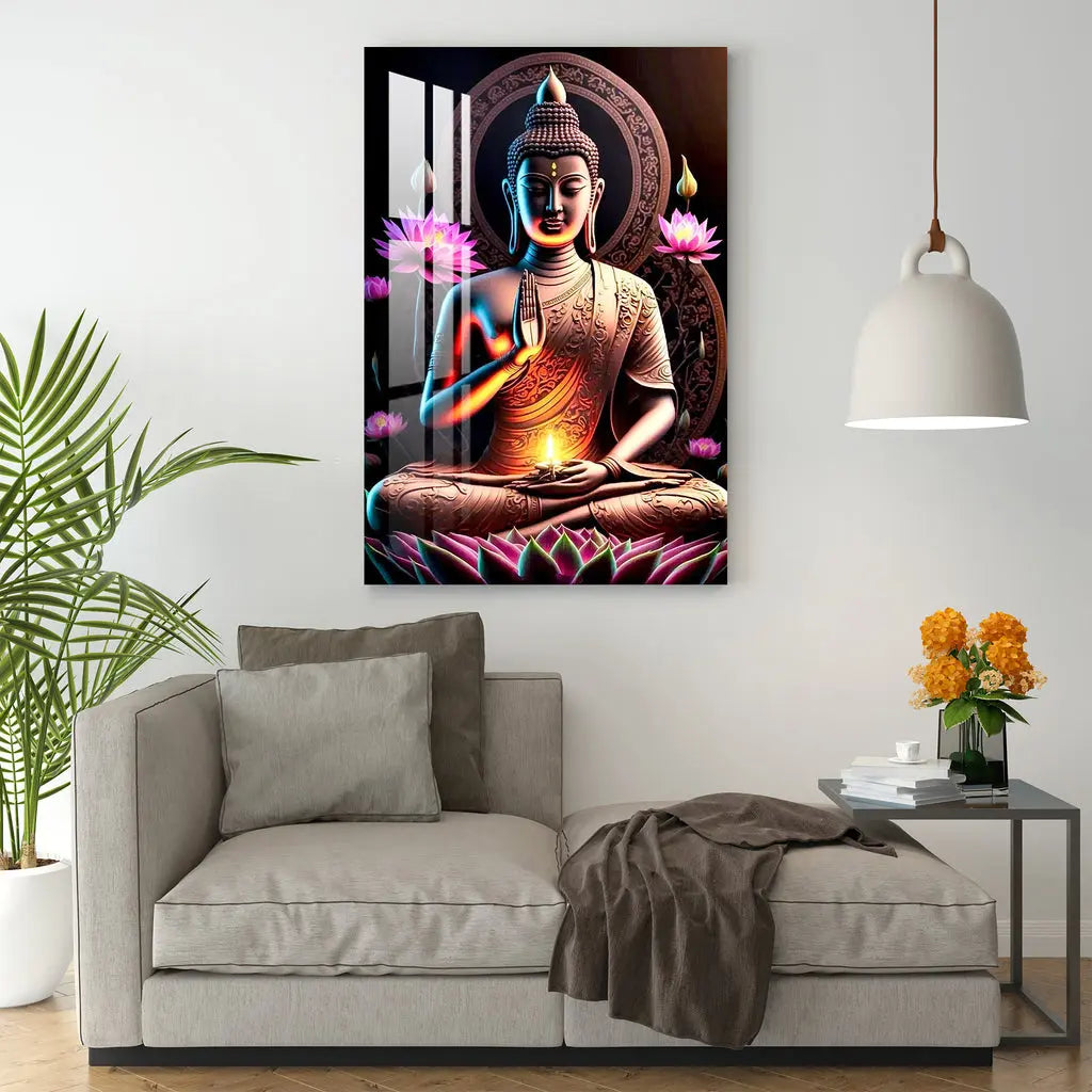 Buddha With Flowers Acrylic Wall Art DECORMANTRA