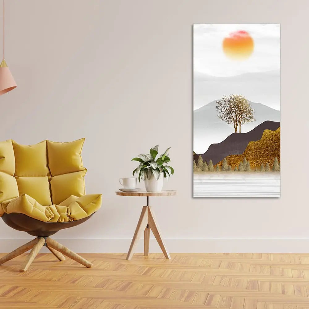 Golden Mountain with Beautiful Sunrise Premium Canvas Wall Painting Decor Mantra
