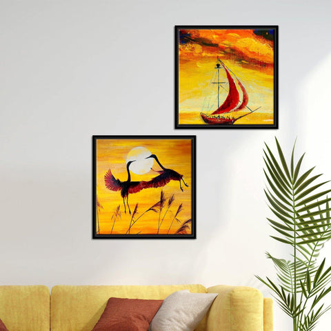 Boat & Cranes Sunset Wall Painting 2 Pieces Floating Frame - Decor Mantra 