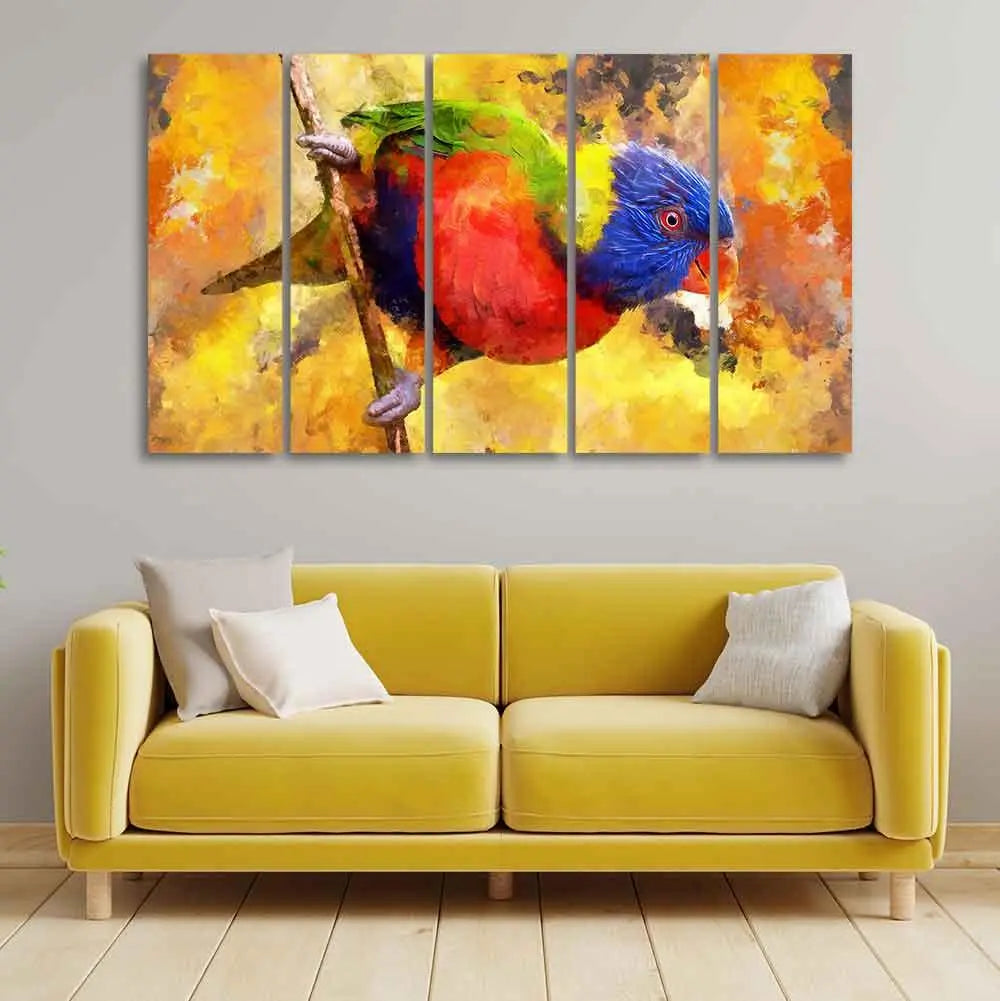 Colorful Parrot Abstract Art Canvas wall Painting of Five Pieces - Decor Mantra 
