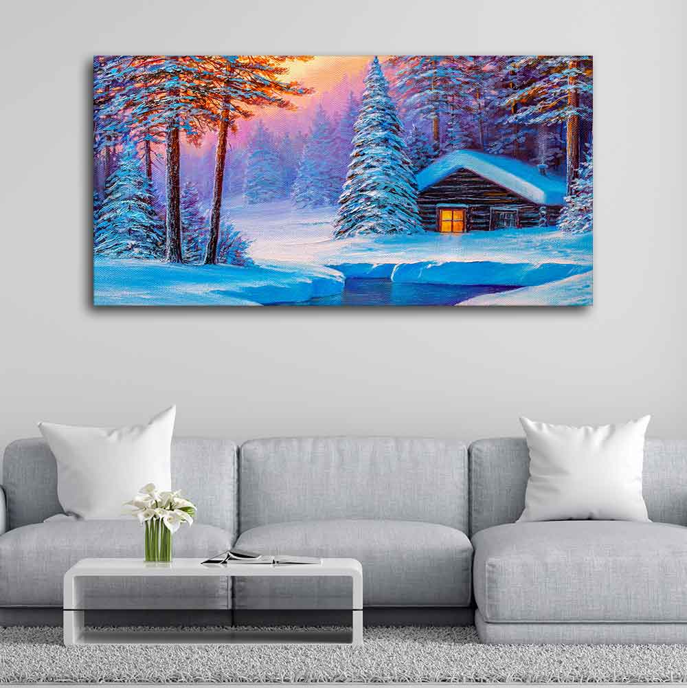Old Hut in the Winter Forest Canvas Wall Painting Decor Mantra
