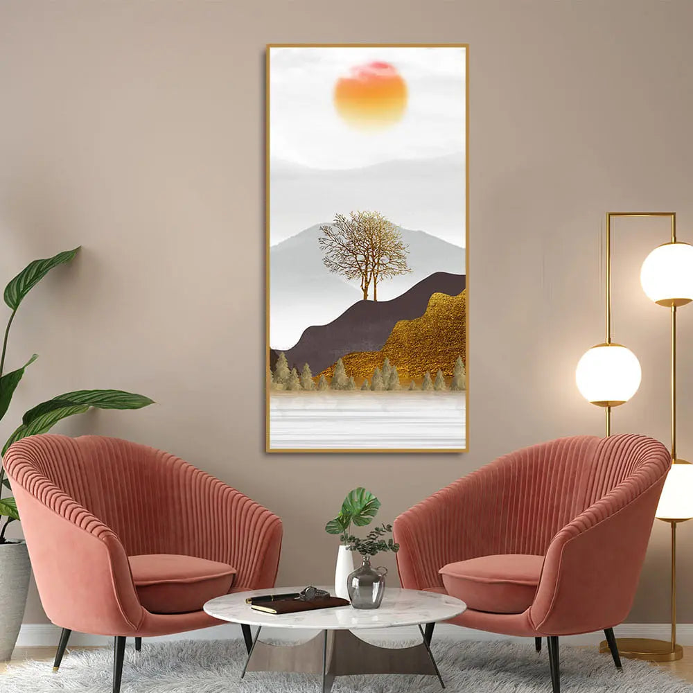Golden Mountain with Beautiful Sunrise Premium Canvas Wall Painting Decor Mantra
