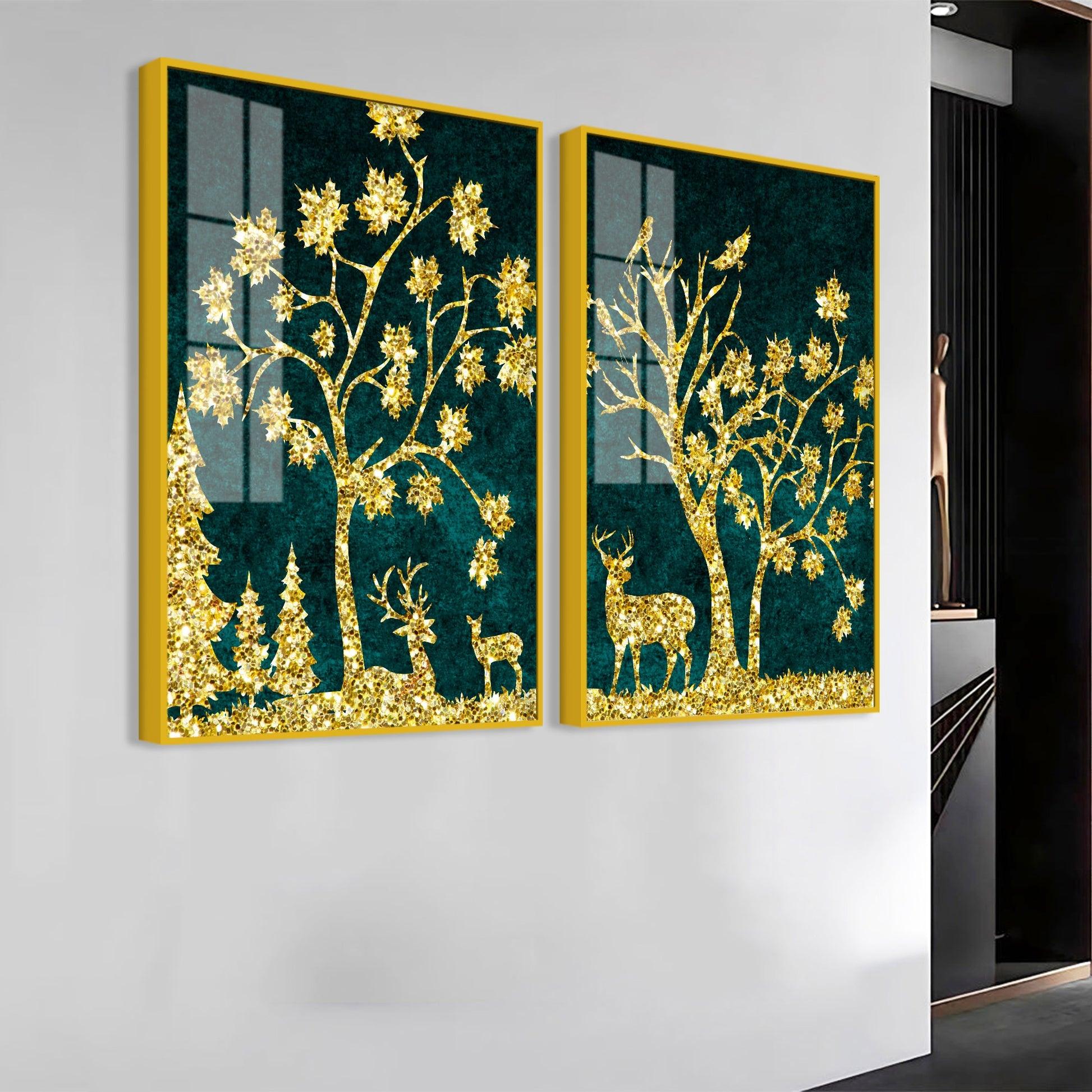 Beautiful Golden Trees with Deer Premium Acrylic Floating Wall Painting Set Of 2 - Decor Mantra 