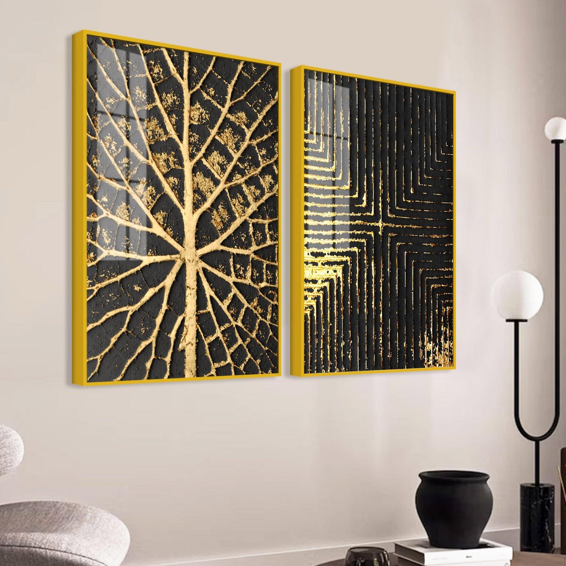 Geometric and Leaf Pattern Acrylic Floating Wall Painting Set of 2 - Decor Mantra 