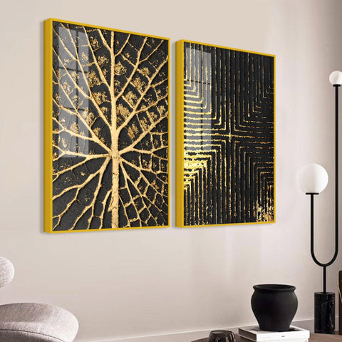 Geometric and Leaf Pattern Acrylic Floating Wall Painting Set of 2 - Decor Mantra 