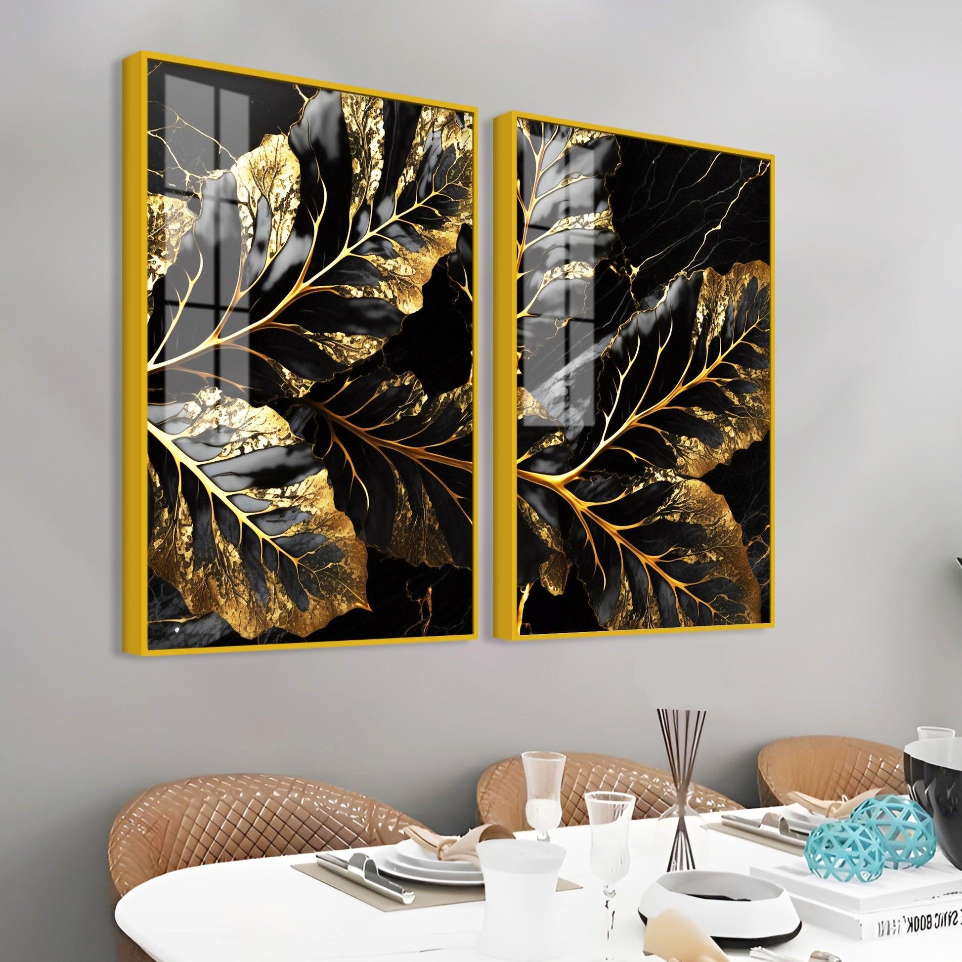 Beautiful Leaf Golden Textural Art Acrylic Floating Wall Painting Set Of 2 - Decor Mantra 